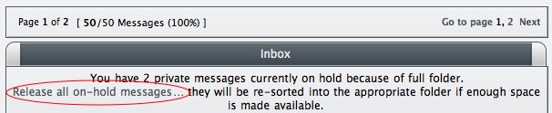 Screenshot of a website inbox notice about on-hold private messages
