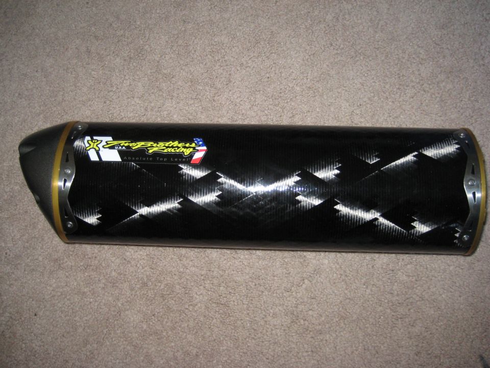 Motorcycle exhaust pipe with 'Two Brothers Racing' logo