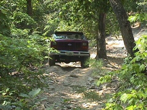 1984 Ford Bronco - Red Ford Bronco navigates a rough, rocky path through a dense forest.