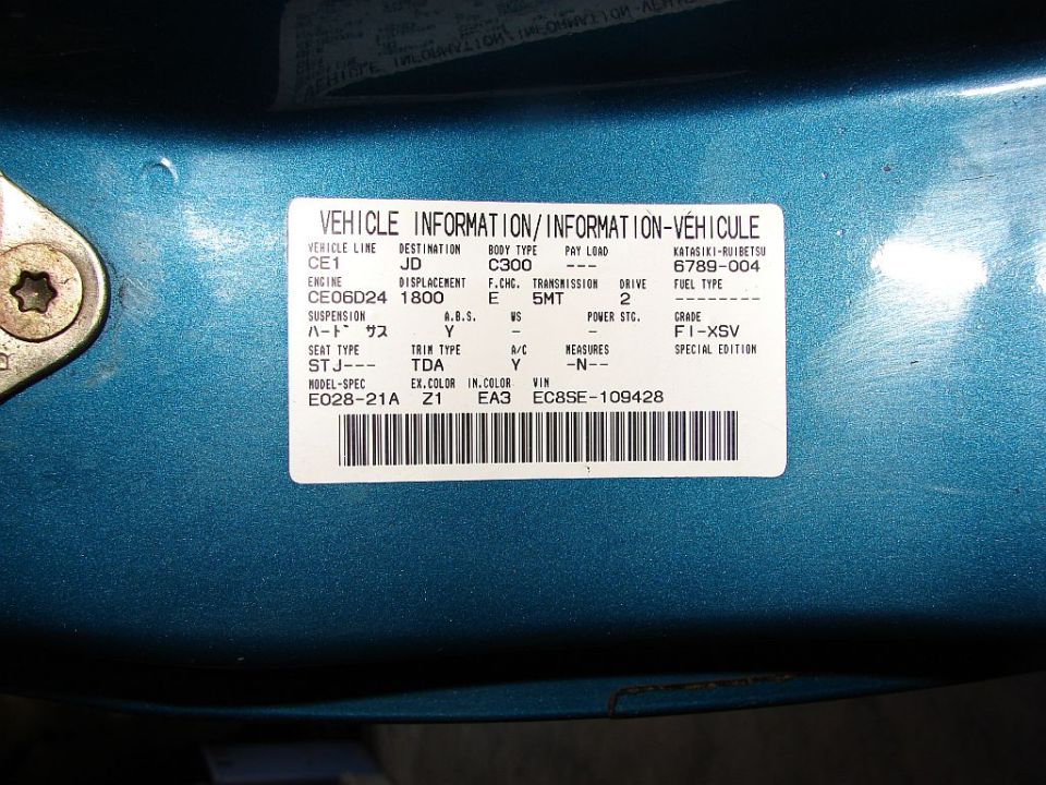 Mazda vehicle information label: line CE1, engine CE06D24, 1800 cc, 5MT, VIN EC8SE-109428