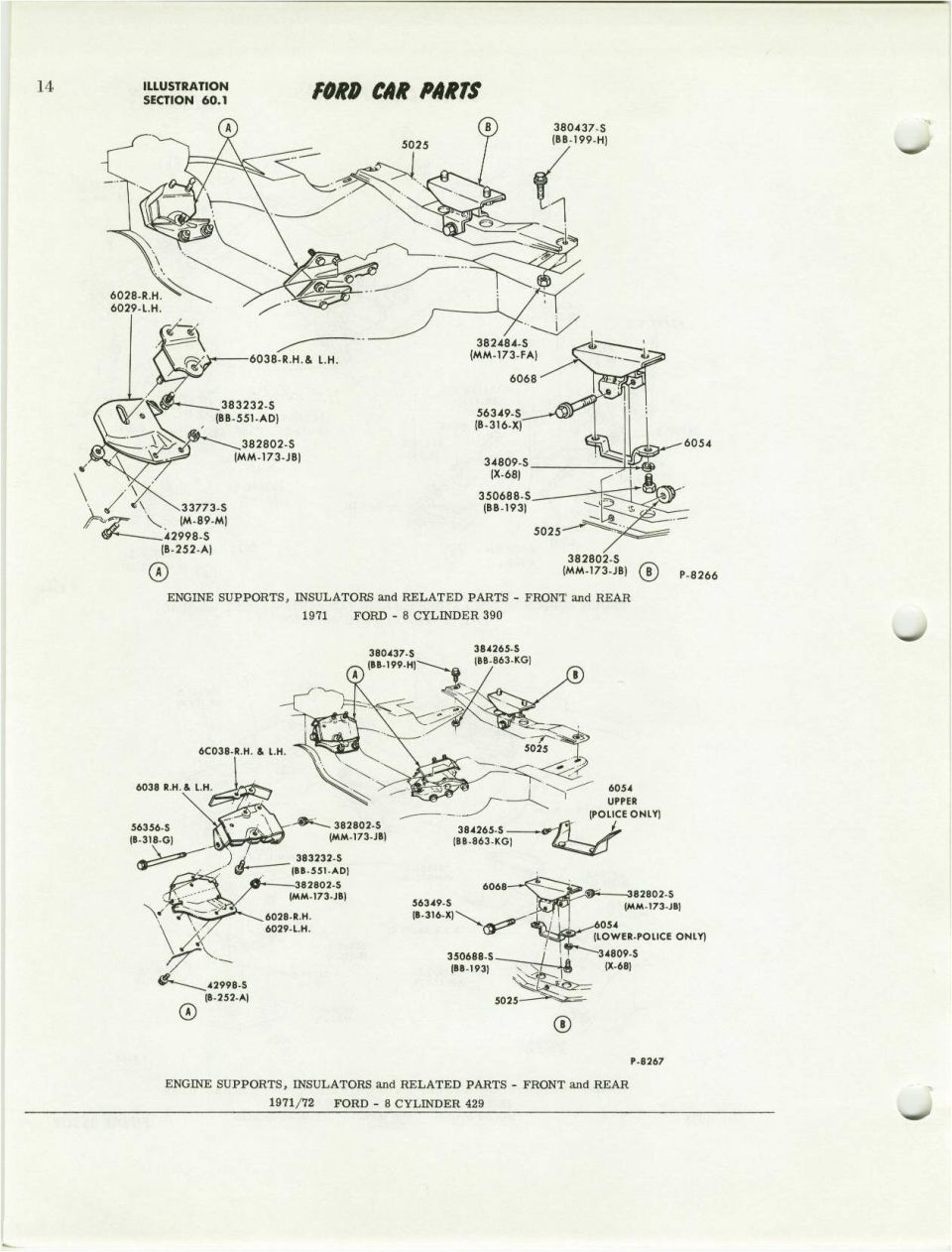 Ford car parts illustration of engine supports and insulators