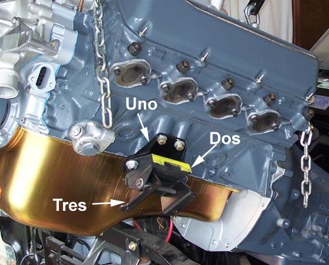 1971 Ford Ranchero - Close-up view of an engine block and oil pan, with labels pointing to different mounting points.