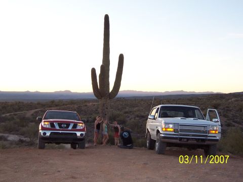 1996 Ford Bronco - 1996 Ford Bronco and a Nissan pickup truck stand in the desert next to a large saguaro cactus.