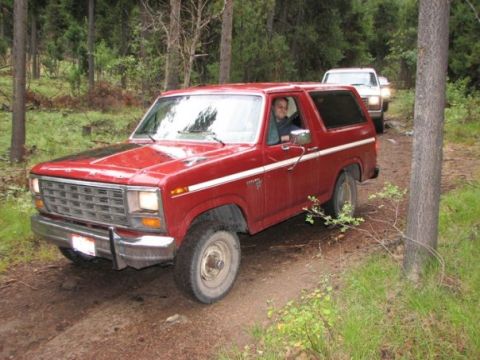 1981 Ford Bronco - A red Ford Bronco drives on a dirt path through a forest, followed by another vehicle.