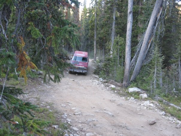 Red van driving on a dirt road through a forest