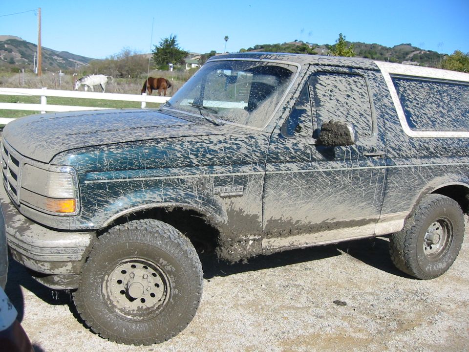 Mud-covered 1993 Ford Bronco parked outside with horses in the background
