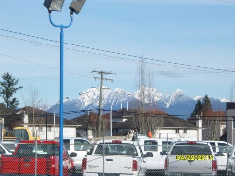 1989 Ford Bronco - A collection of trucks are parked in a lot with snow-capped mountains visible behind them.