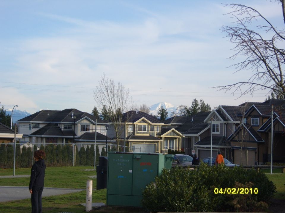 Houses in a neighborhood with mountains in the background. A person stands near a green utility box