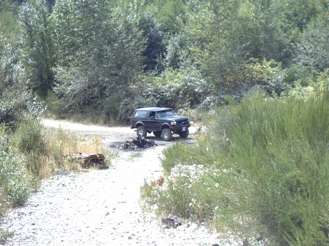 Dark Ford Bronco SUV parked on gravel clearing surrounded by trees