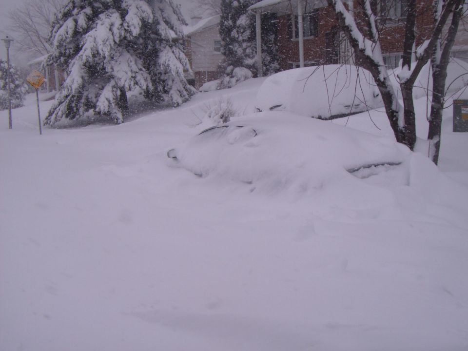 Two cars are completely buried under heavy snow in a residential area during a blizzard