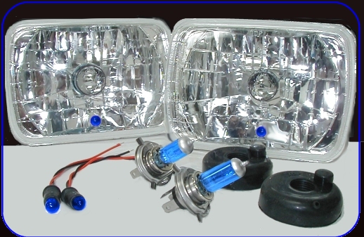 Pair of clear rectangular sealed-beam headlight conversions with H4 bulbs and wiring adapters