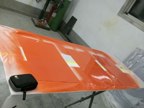 1973 Ford Ranchero - We sprayed out six different paint samples, to see what it might really look like on the car: orange base coat with clear, orange base coat…