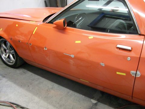 1973 Ford Ranchero - the black rub rail that ran down the length of the car got peeled off, we aren't going to re-install it when we are done, then the holes th…