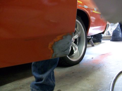 1973 Ford Ranchero - Both doors had rust holes in the lower rear corners, so we cut out the rust and welded in new steel.