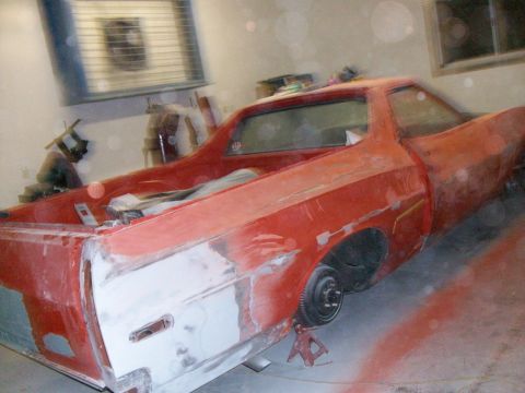 1973 Ford Ranchero - the first skim coat of kitty hair bondo has been applied and already sanded flat.