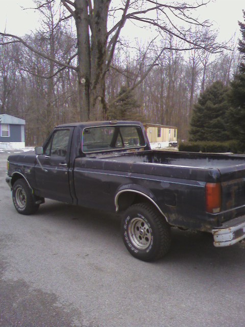 1991 Ford F-150 - This pickup truck is seen from its rear three-quarter angle, parked outdoors in a residential area.