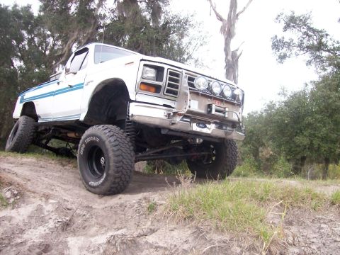 1982 Ford F-100 - This lifted pickup truck is equipped for off-road use with large tires and auxiliary lights.