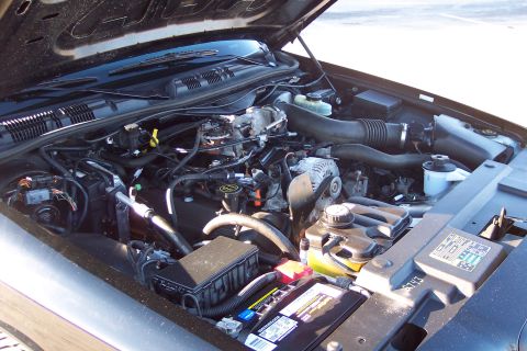 2001 Ford Crown Victoria - The engine bay of a vehicle, showing the battery and numerous engine components.