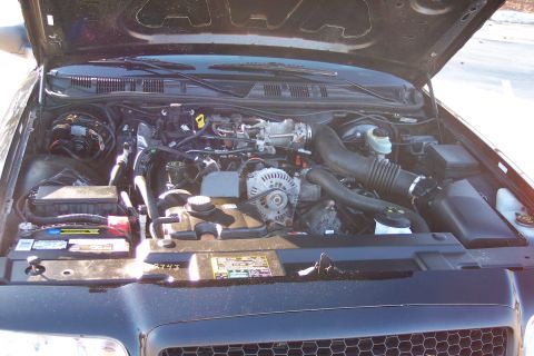 2001 Ford Crown Victoria - Engine bay of a 2001 Ford Crown Victoria, viewed from above with the hood raised.
