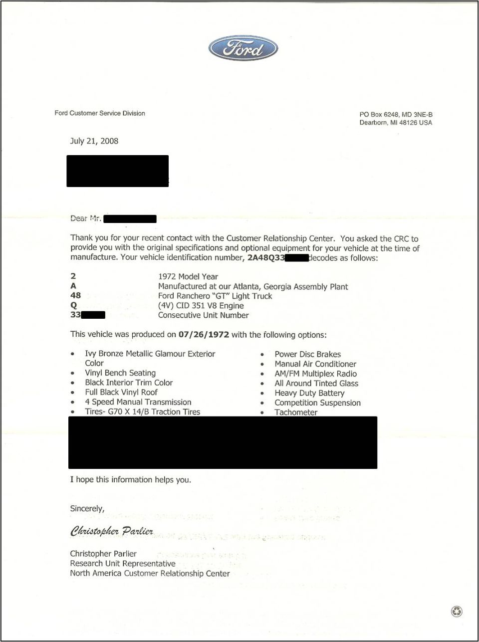 Ford Customer Service letter decoding a 1972 Ranchero GT VIN