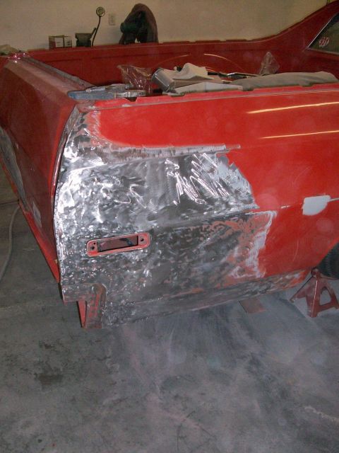 1973 Ford Ranchero - We've ground off all the paint and bondo, so we can properly fix the dent; there was about 3/8" of bondo on this panel, for no reason.