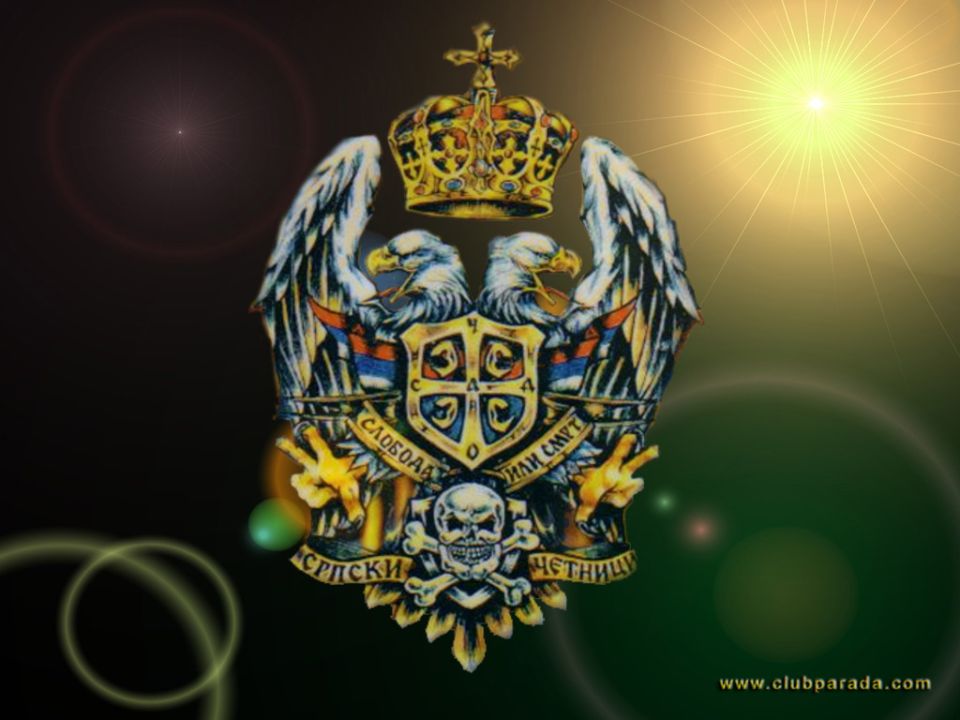 Serbian double-headed eagle emblem with crown, shield, and skull graphic