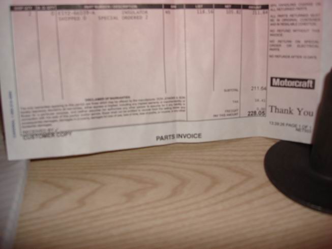 Ford parts invoice showing "INSULATOR" and part number C1TZ-6A029-A