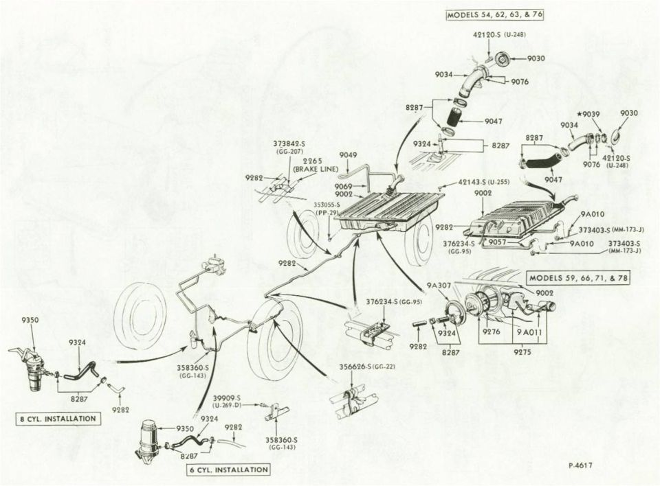 Exhaust and fuel system parts diagram with numbered part callouts