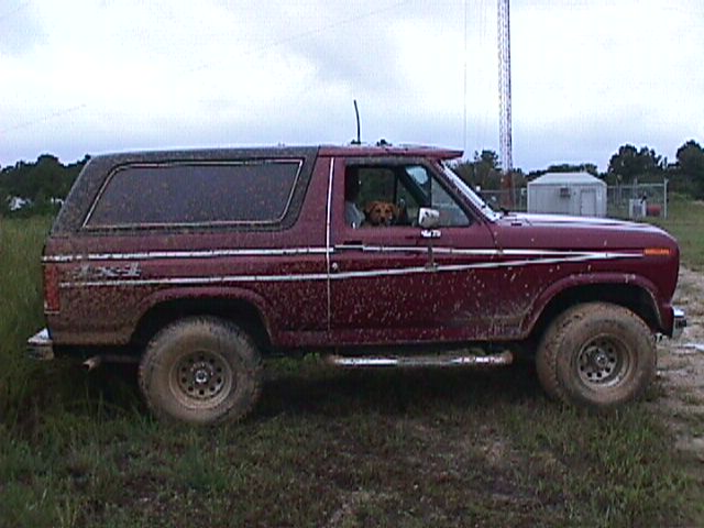 Mud-splattered maroon two-door Bronco 4x4 on grass with a dog in the driver's seat