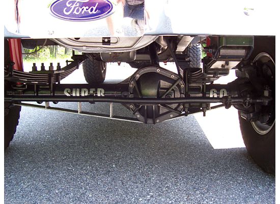 Ford oval badge on chrome tailgate, "SUPER" and "60" on rear axle housing, leaf springs, asphalt