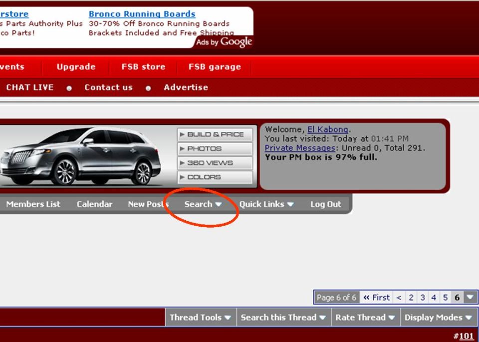 Website forum page showing a silver SUV image and user login info