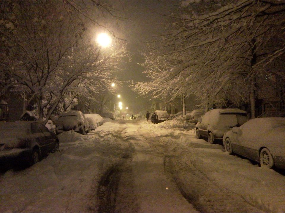 Snow-covered street with parked cars and trees