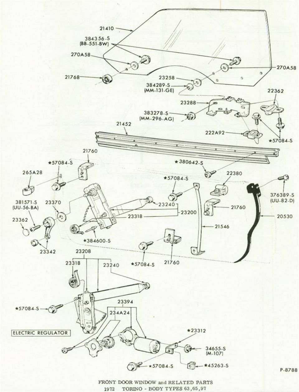 Front door window regulator parts diagram for a 1972 Torino