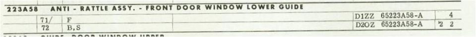 Ford parts catalog page for anti-rattle assembly front door window lower guide