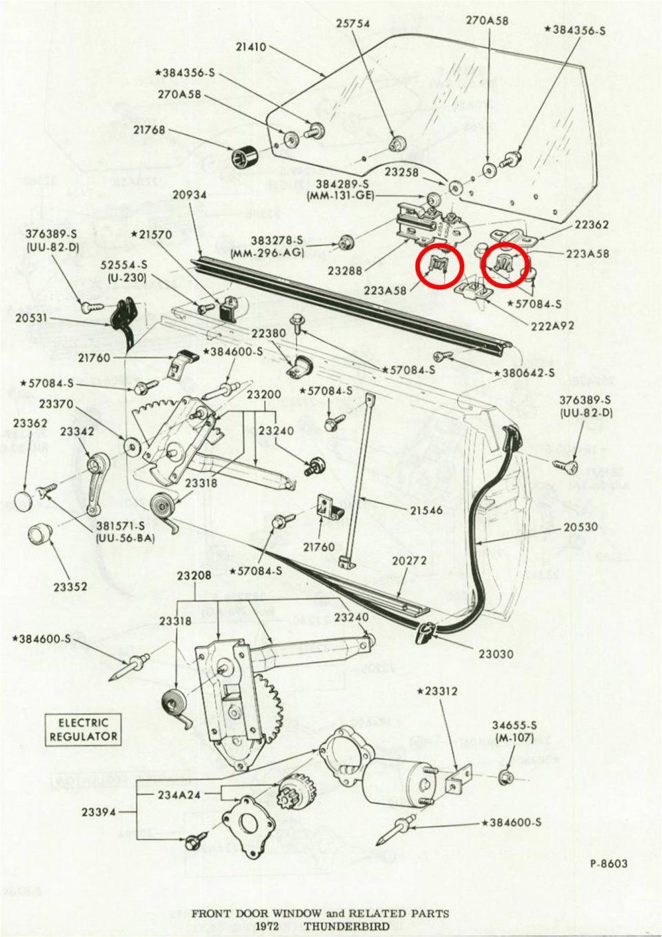 Exploded diagram of 1972 Thunderbird front door window and regulator
