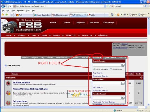 1996 Ford Bronco - Annotated screenshot of the FullSizeBronco.com forum homepage in Internet Explorer, with the Search drop-down menu circled in red and the h…