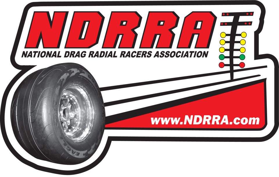 Drag racing tire and NDRRA logo with website