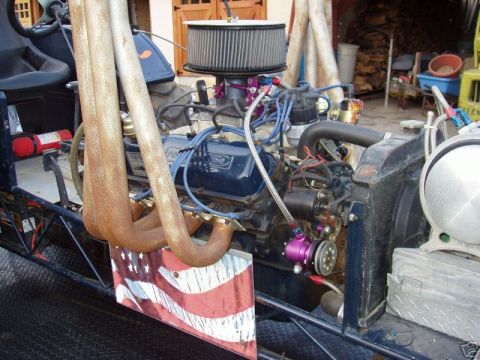 1972 Ford Ranchero - Engine bay details with custom modifications and patriotic accents.