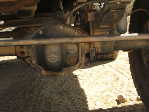 1996 Ford Bronco - Close-up of a Dana rear differential, a skull sticker and visible suspension components.