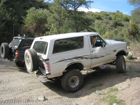 1996 Ford Bronco - A white 1996 Ford Bronco is parked on a dirt road, with a dog looking out the window. Another vehicle is parked behind it.