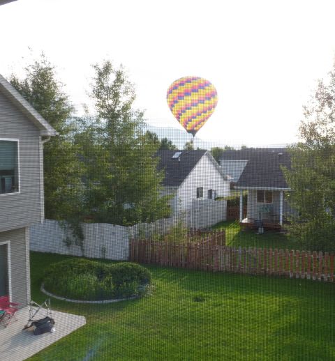 2006 Ford E350 - A colorful hot air balloon drifts across a clear sky above residential homes and a backyard.