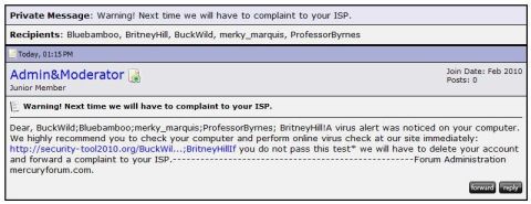 2000 Mercury Grand Marquis - A forum post displays a warning message about a virus alert and requests users to check their computers.