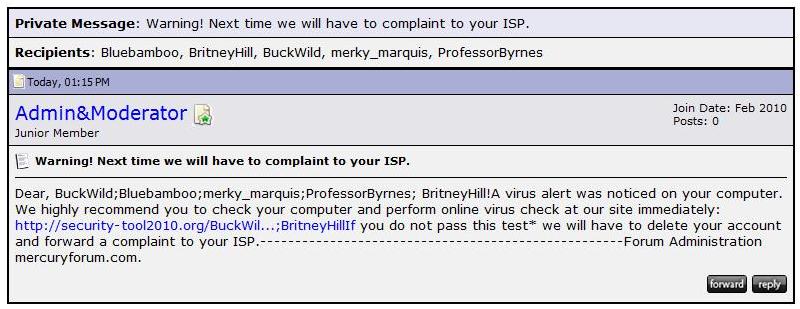 Screenshot of a forum private message virus-alert spam notice