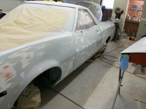 1973 Ford Ranchero - Day 7: three coats of high-build grey primer, which got block-sanded, then three more coats, which also got blocked sanded....