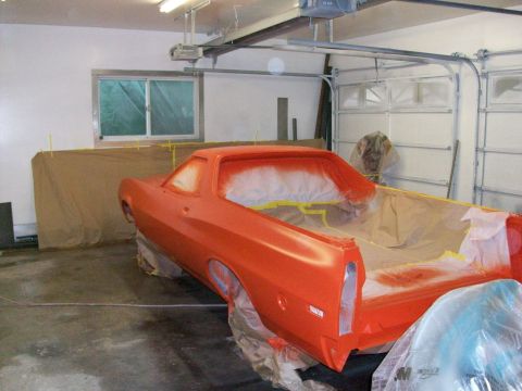 1973 Ford Ranchero - Day 8: then two coats of Omni MBC "Prophet Orange 61067" base coat (which is actually a Ford color.)