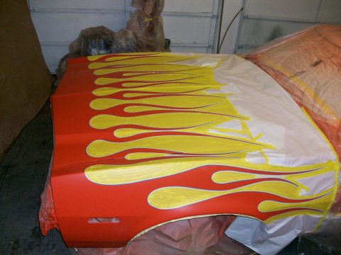 1973 Ford Ranchero - and masked off the flames, then we sprayed on a little Omni M175 Gold Pearl in DBC500 binder.
