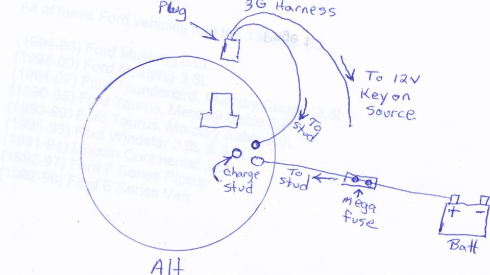 Hand-drawn 3G alternator wiring diagram with charge stud and mega fuse