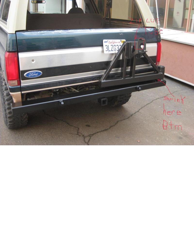 1989 Ford Bronco rear with custom bumper and spare tire carrier. California license plate 3LZG32