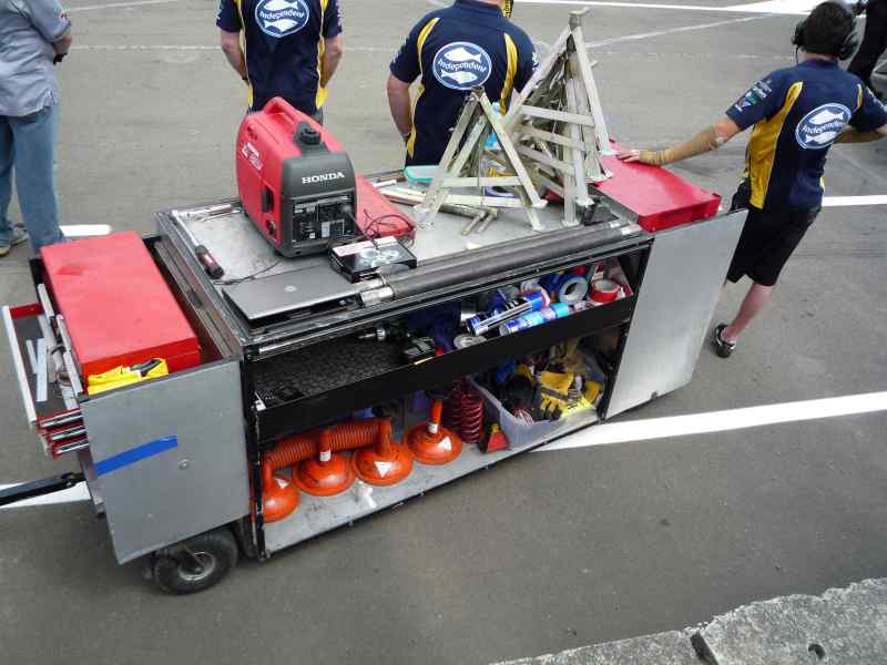 Tool cart with a Honda generator, toolbox, and various tools, being pushed by a person in a blue and yellow shirt