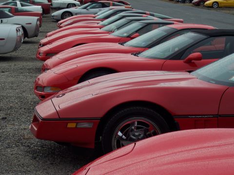2006 Chevrolet Corvette - A row of red Corvettes, likely from the 1990s, are parked on a gravel lot.